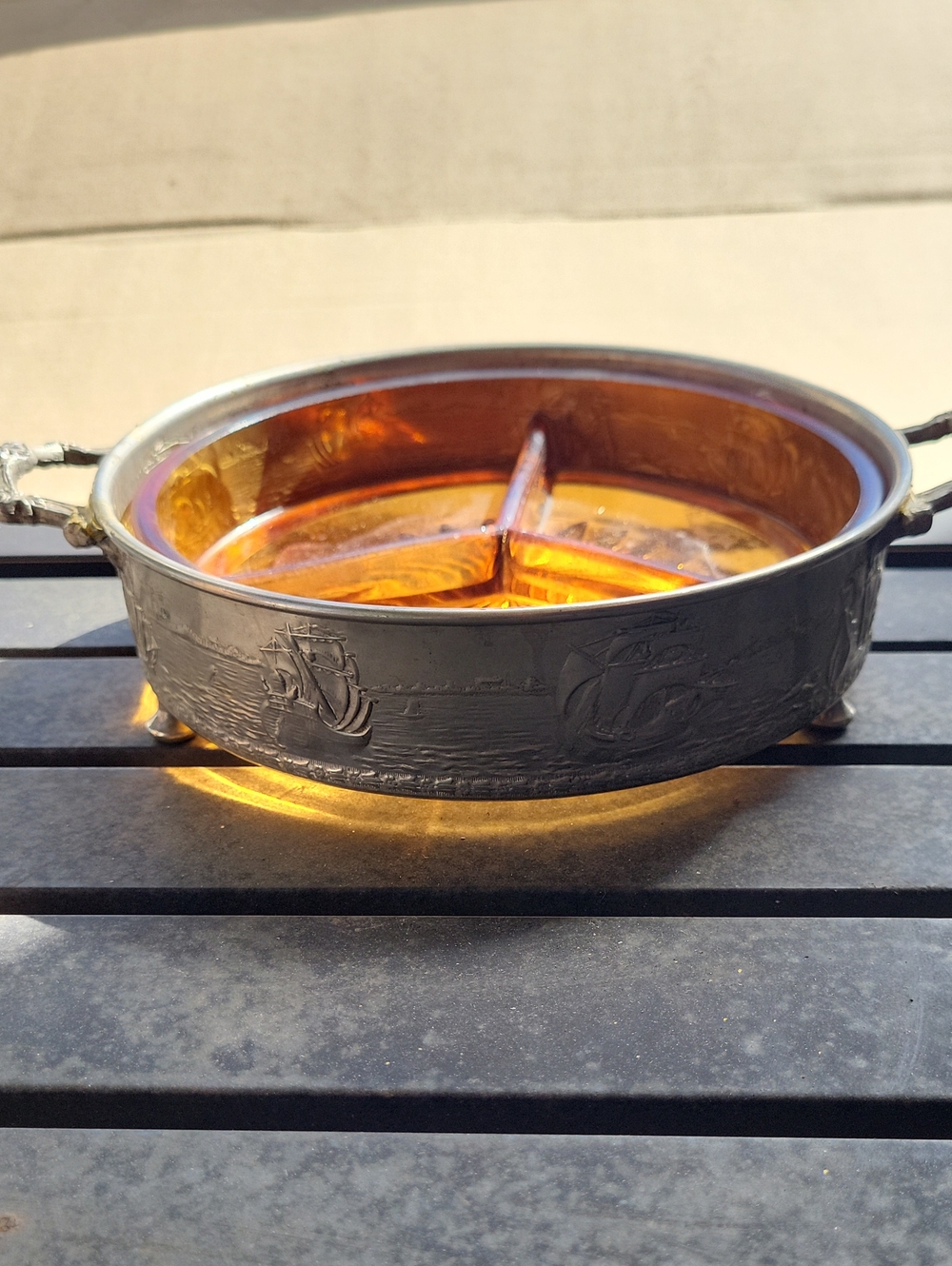 Decorative Amber Glass and Metal Divided Serving Dish